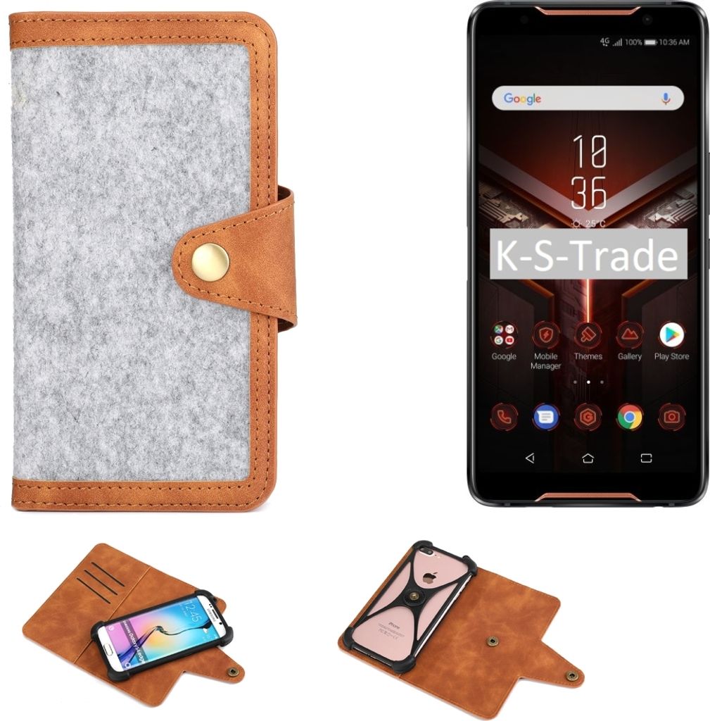 K-S-Trade Handyhülle kompatibel mit Asus ROG Phone 2 Schutzhülle Filz-Hülle Kunst-Leder hellgrau braun (1x)