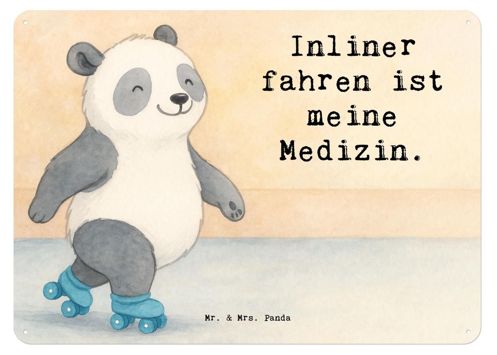 Mr. & Mrs. Panda Schild Panda Inliner fahren Design DIN A5 - Weiß - Geschenk, Türschild, Rollschuh, Blechtafel, Wandbild, wandtafel, Inlinern, tafel
