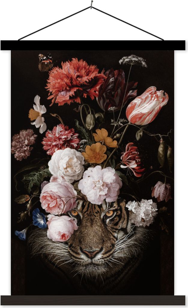 MuchoWow Textilposter Blumen - Jan Davidsz de Heem - Tiger - Gemälde - Stillleben - Alte Meister 40x60 cm mit schwarzem Rahmen - Wanddekorationen