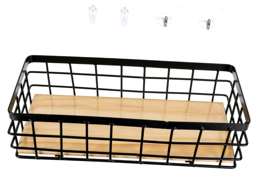 Wandkorb mit Holzbrett – Multifunktionaler Aufbewahrungskorb für Bad, Küche und Kosmetik in Schwarz