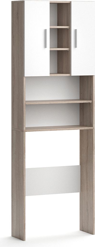 A tall, narrow cabinet with white doors and wood-effect shelving.