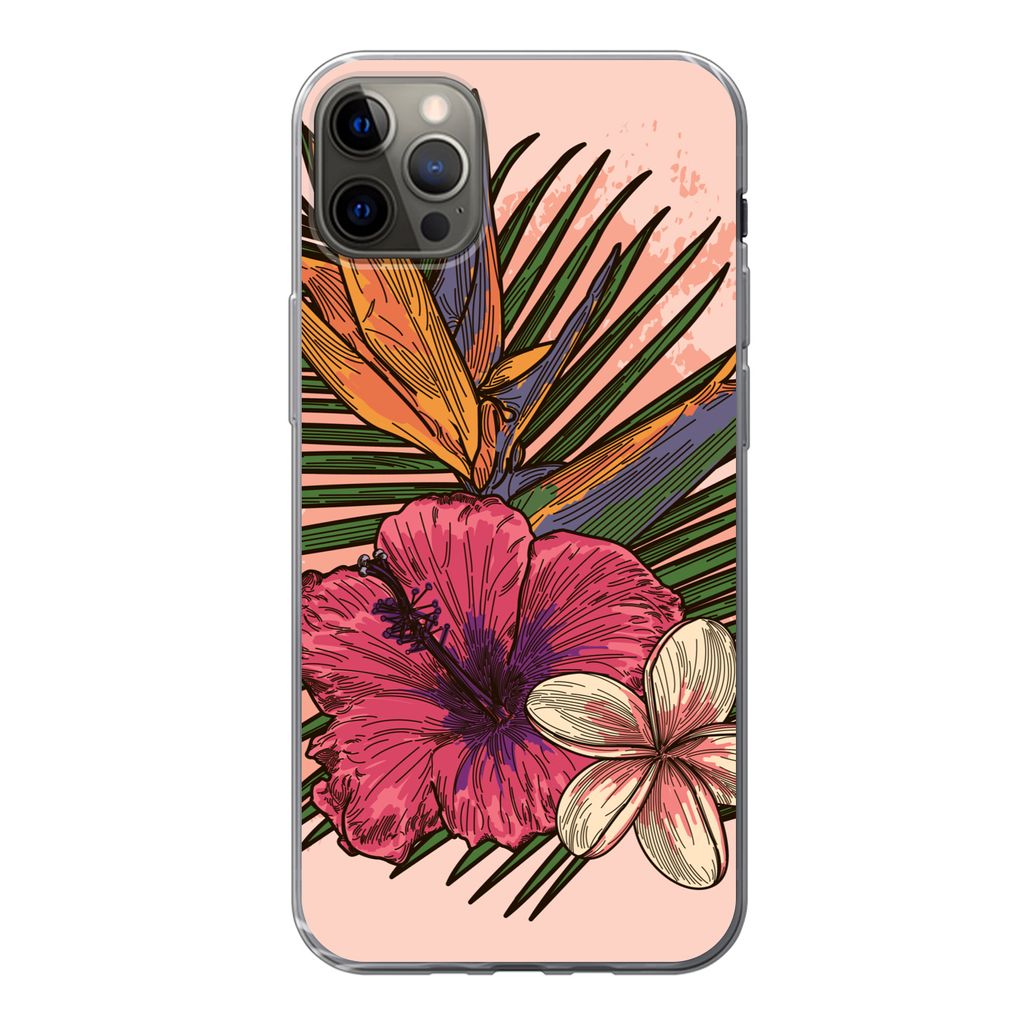 MuchoWow Handyhülle Schutzhülle Hülle für iPhone 12 Pro Max Blumen - Tropisch - Rosa Silikon Softcase Handy Hülle - Hartschale