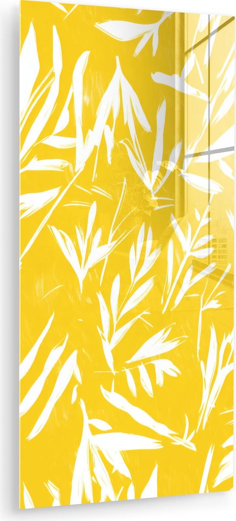 MuchoWow Glasbilder - Bilder auf Wandbild - Foto auf Glas Abstrakt - Blätter - Gelb - Pinselstriche 60x120 cm Wanddekoration aus Glas - Acrylglasb...