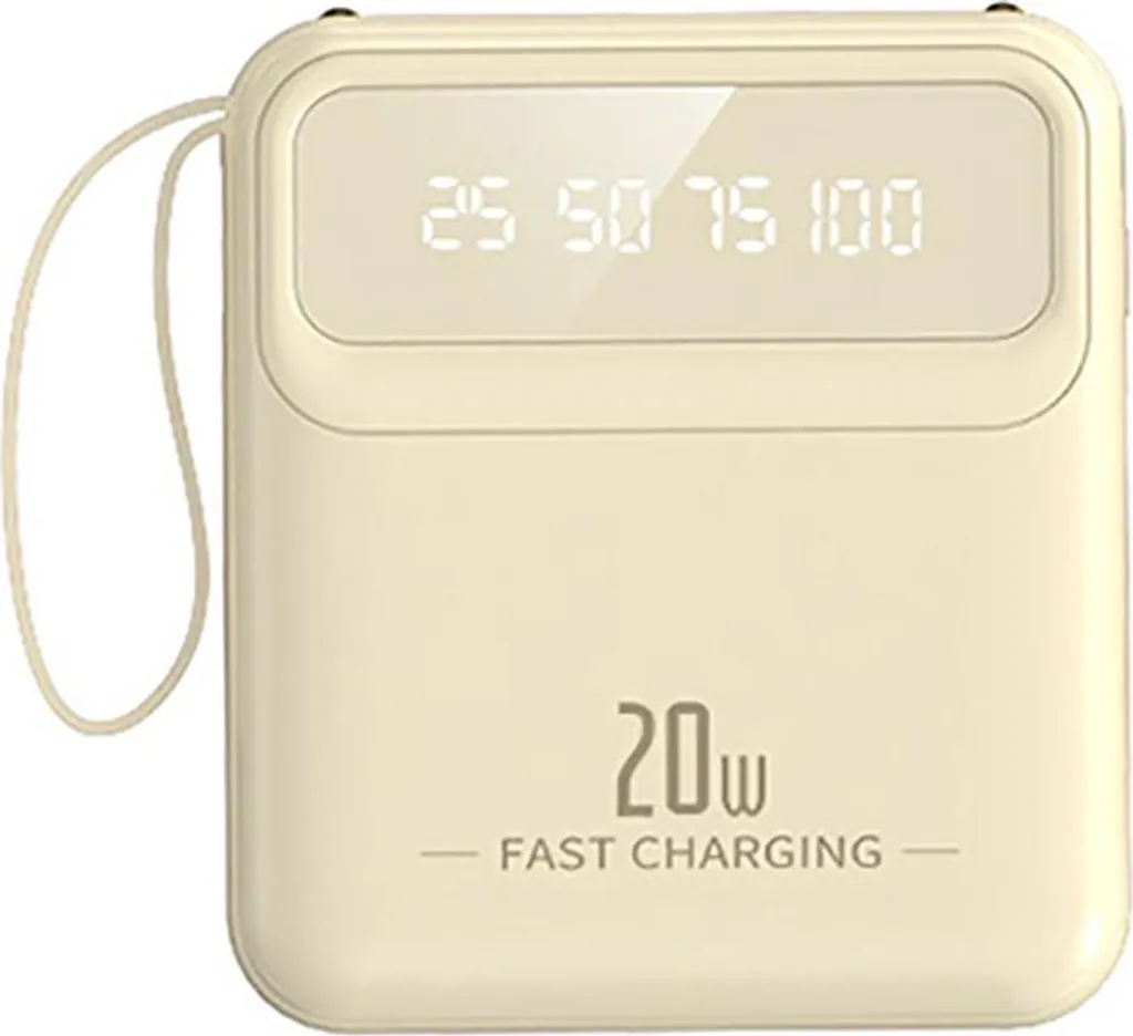 Chargeur portable 10000mAh avec lampe LED et câbles de charge USB-C beige