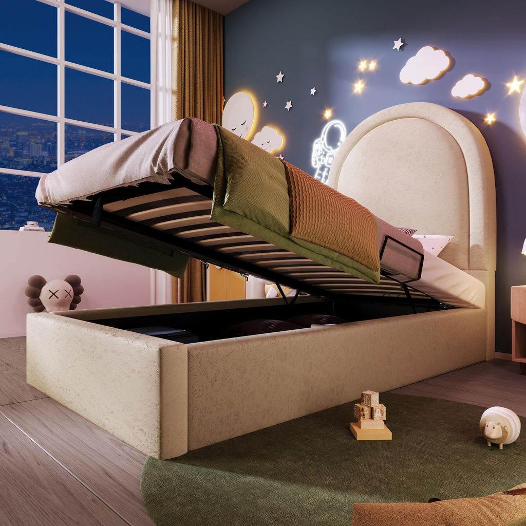 Polsterbett, Kinderbett, Einzelbett 90x200, kosmisches Muster, PU, fš¹r Jungen & M?dchen, ohne Matratze, Beige