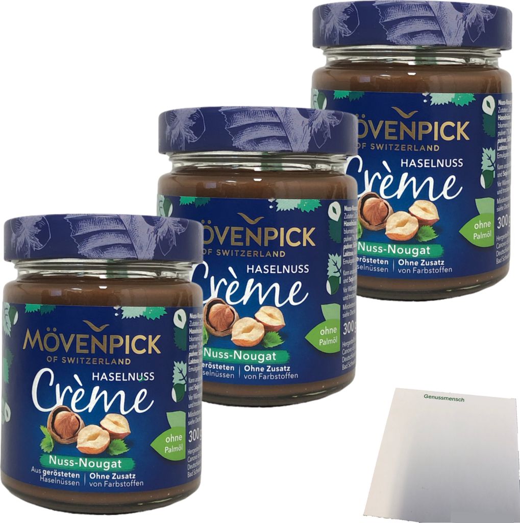 Mövenpick Haselnuss Creme Nuss-Nougat 3er Pack (3x300g Glas) + usy Block