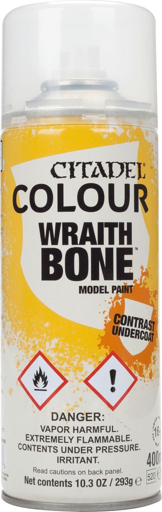 A spray can of Citadel Colour Wraith Bone model paint.