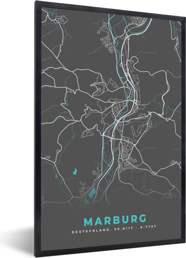 MuchoWow Gerahmtes Poster Stadtplan - Karte - Marburg - Blau - Deutschland - Karte 60x90 cm - Poster mit Schwarzem Bilderrahmen Wandposter Rahmen...