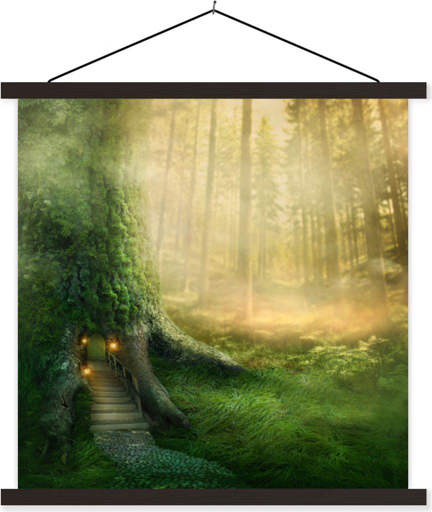 MuchoWow Textilposter Haus - Wald - Bäume 60x60 cm mit schwarzem Rahmen - Posteraufhänger