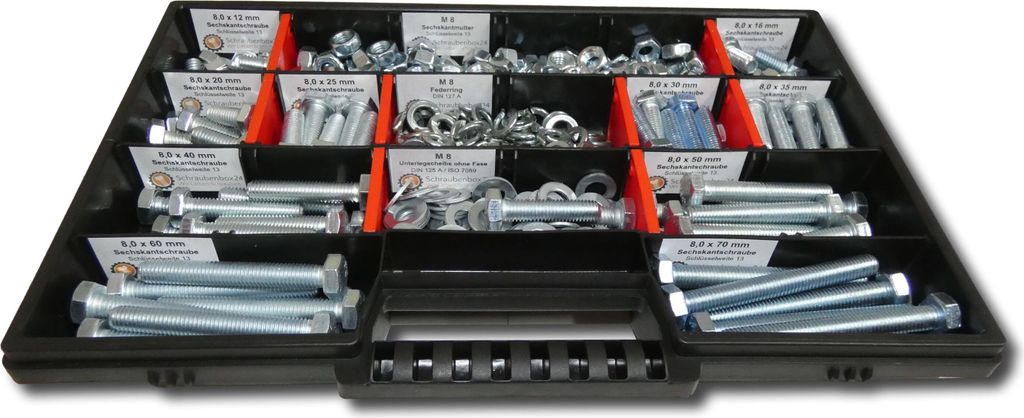 200 tlg Sechskantschrauben Sortiment mit Muttern Unterlegscheiben Federringen M10 // 12mm-70mm Schrauben Set