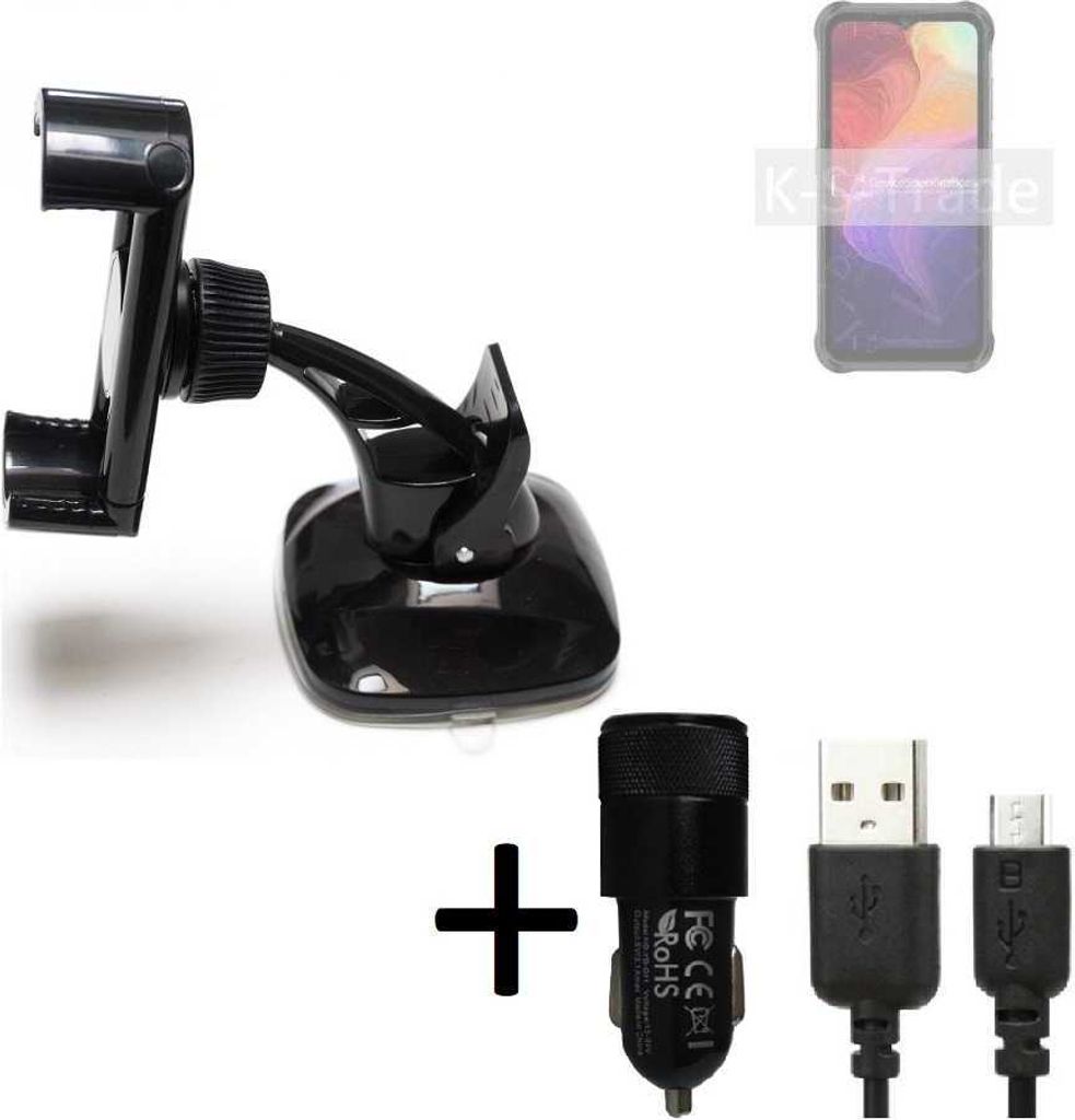 K-S-Trade Halterung kompatibel mit Ulefone Power Armor 14 Pro Windschutzscheibe / Armaturenbrett + LADEGERÄT mit Mico USB Kabel Autohalterung KFZ