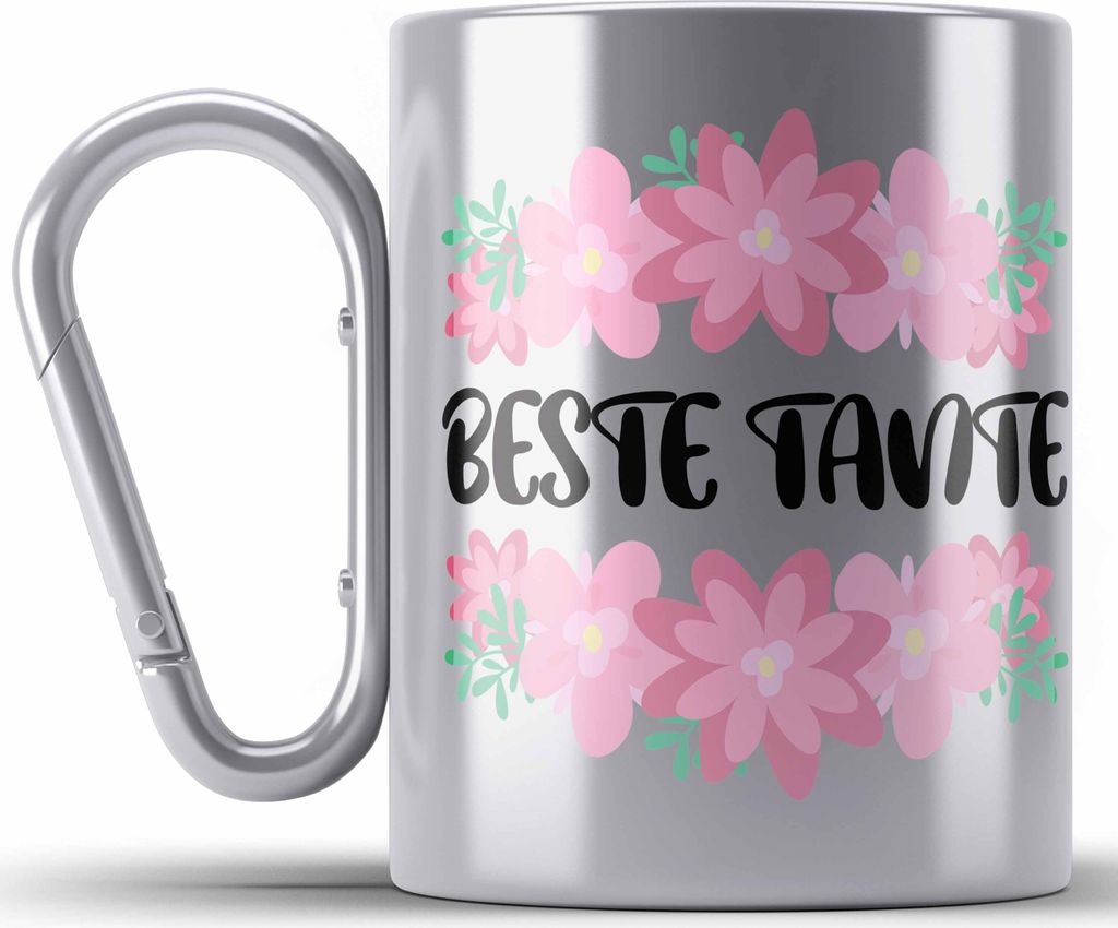 Trendation - Beste Tante Edelstahl Tasse Karabiner Geschenk Lustig Spruch - Beste Tante - Karabiner Edelstahl Tasse Karabiner Edelstahl Lieblingsta...
