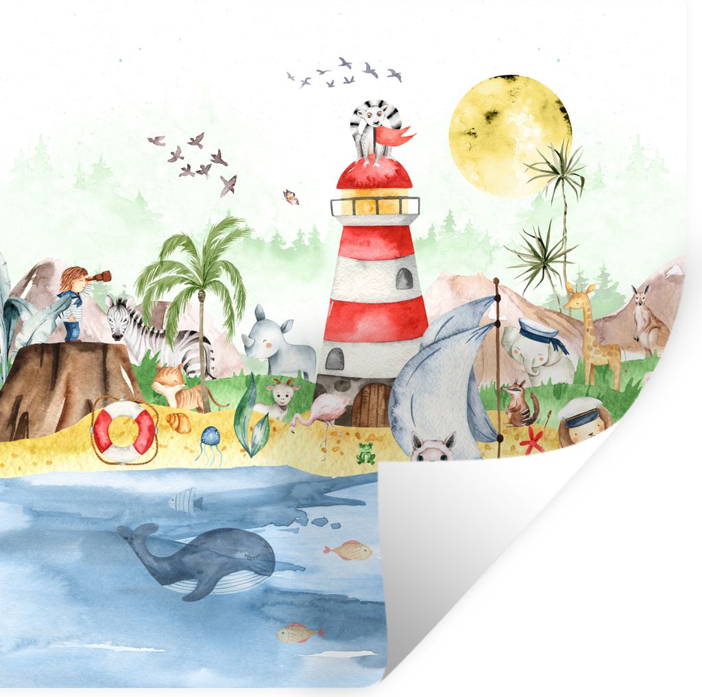 MuchoWow Wandtattoo Wandsticker Wandaufkleber Strand - Tiere - Kinder - Leuchtturm - Jungen 80x80 cm Selbstklebend und Repositionierbar - Wierder...