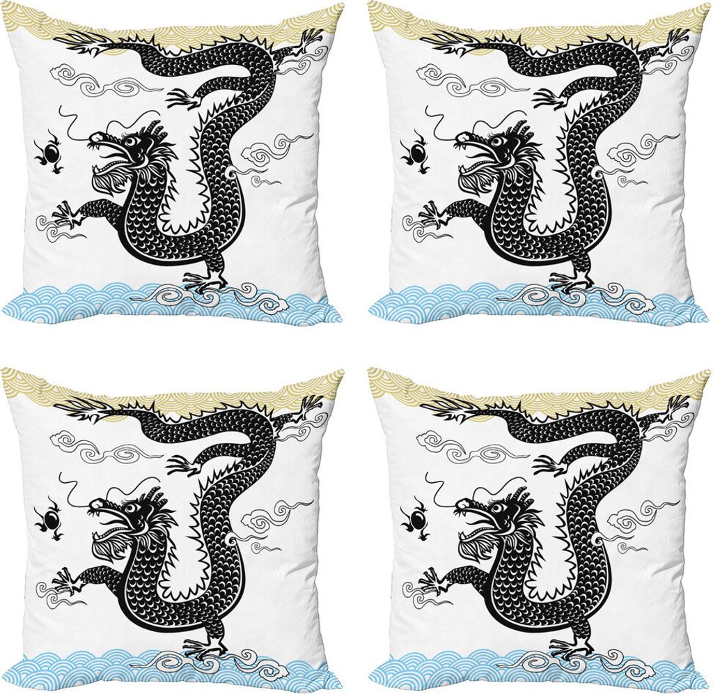 ABAKUHAUS Drachen Kissenbezug Set (4 Stück), Traditionelle Chinesische Meer, Moderner Doppelseitiger Digitaldruck, 45 cm x 45 cm, Mehrfarbig