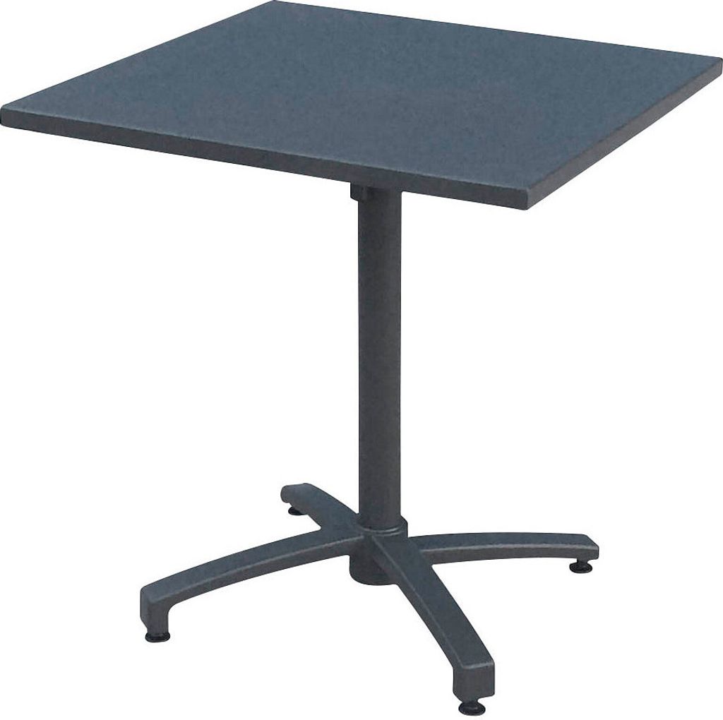 A square-topped table with a central pedestal base and four legs.