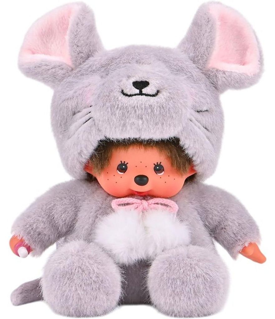 MONCHHICHI Kuscheltier Maus sitzend 20 cm grau mit pinken Produktbild 