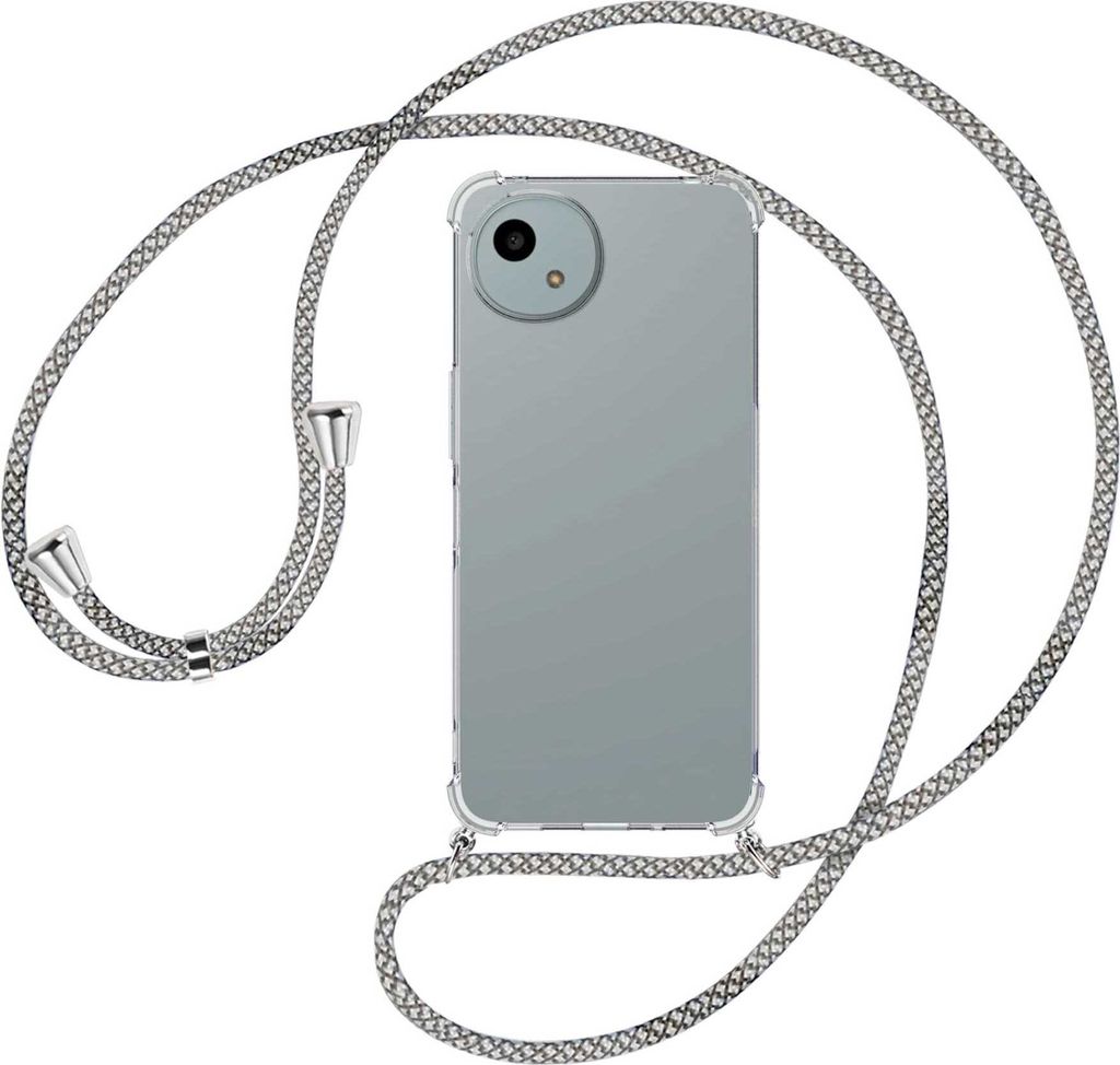 Handykette Backcover-Schutzhülle mit Band (Metall silberfarben) für Sharp Aquos wish 4 - weiß/grau kariert