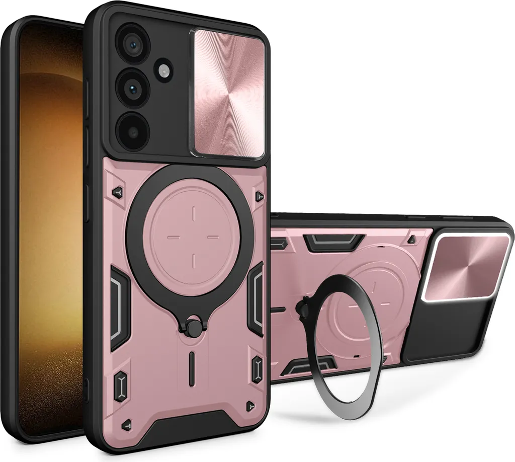 Custodia per Samsung Galaxy M55 Custodia resistente a doppio strato con copertura della fotocamera e supporto ad anello Rosa