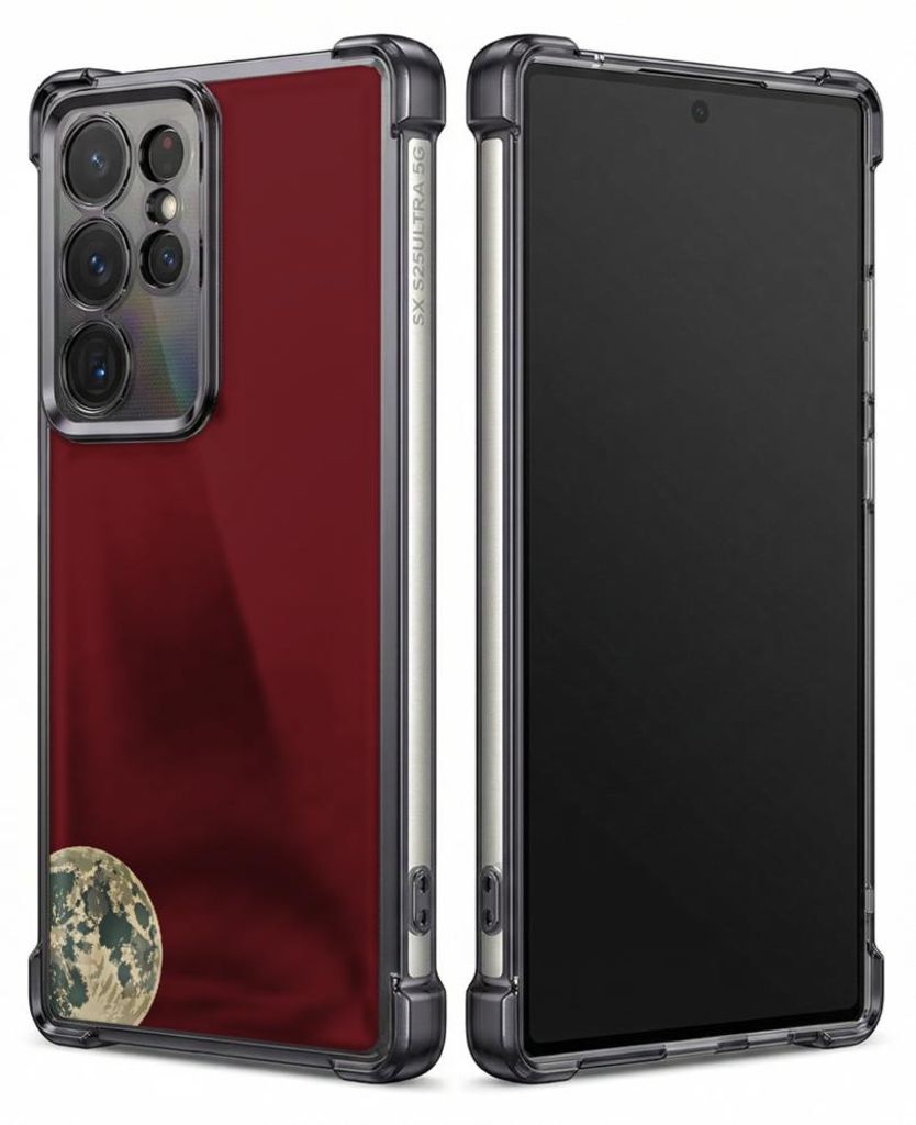 Personalisierte Hülle mit Bild für Samsung Galaxy S25+ Elektroplattiert TPU Stoßdämpfer Handyhülle mit Mond auf rotem Hintergrund