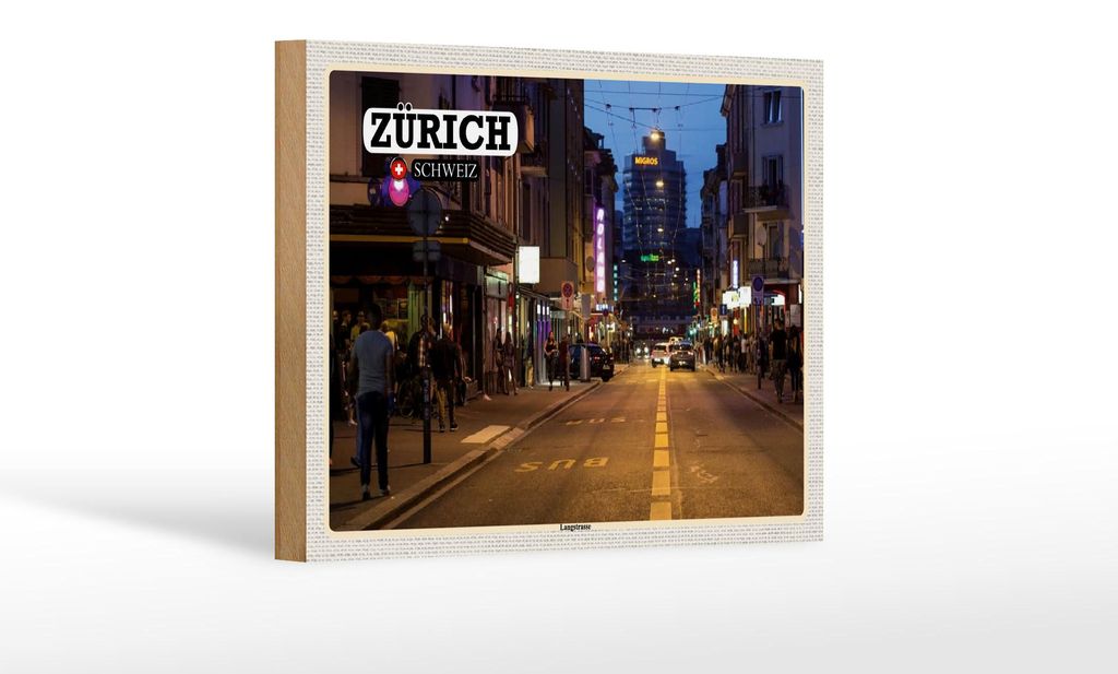 Holzschild Reise Zürich Schweiz Langstrasse 18x12 cm Produktbild 