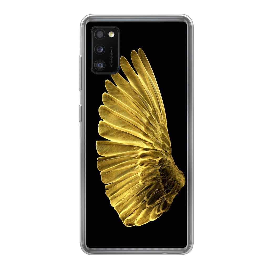 MuchoWow Handyhülle Schutzhülle Hülle für Samsung Galaxy A41 Goldene Flügel auf schwarzem Hintergrund Silikon Softcase Handy Hülle - Mobilt...