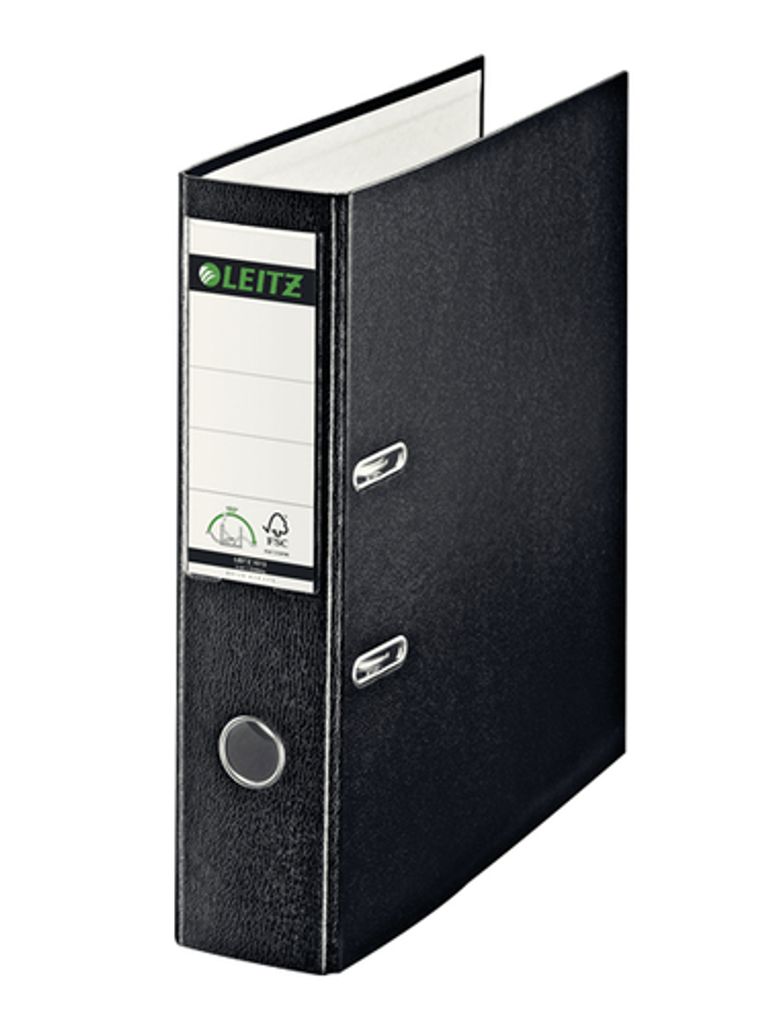LEITZ Plastikordner, 180 Grad, DIN A4, 80 mm, schwarz ohne Kantenschutz, farbiger Einband aus Pappe, mit PP-Folie - 1 S