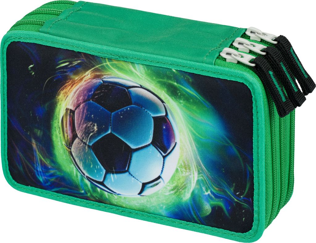 A green pencil case with a soccer ball graphic.