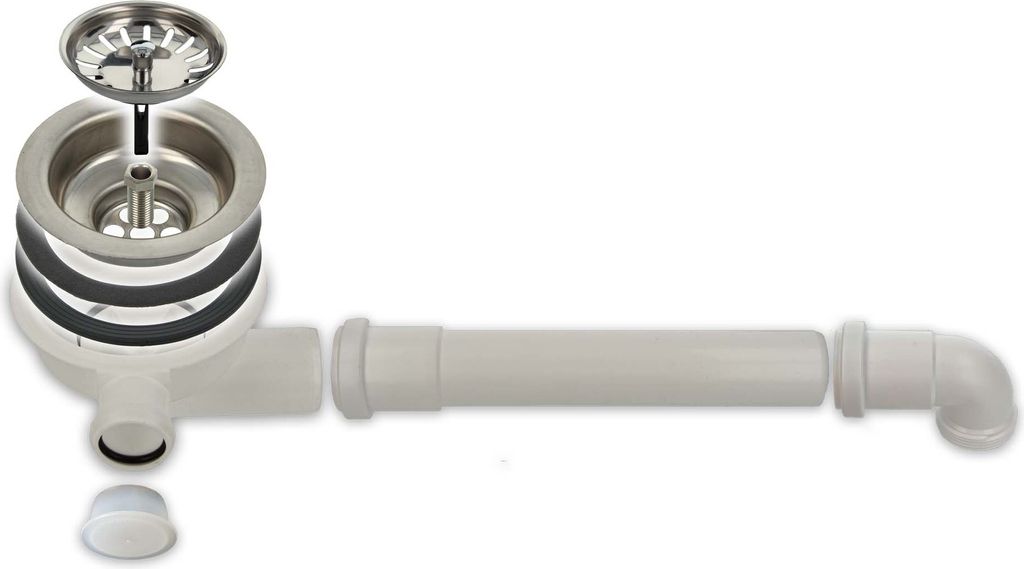 An exploded view of a sink drain assembly with plumbing components.