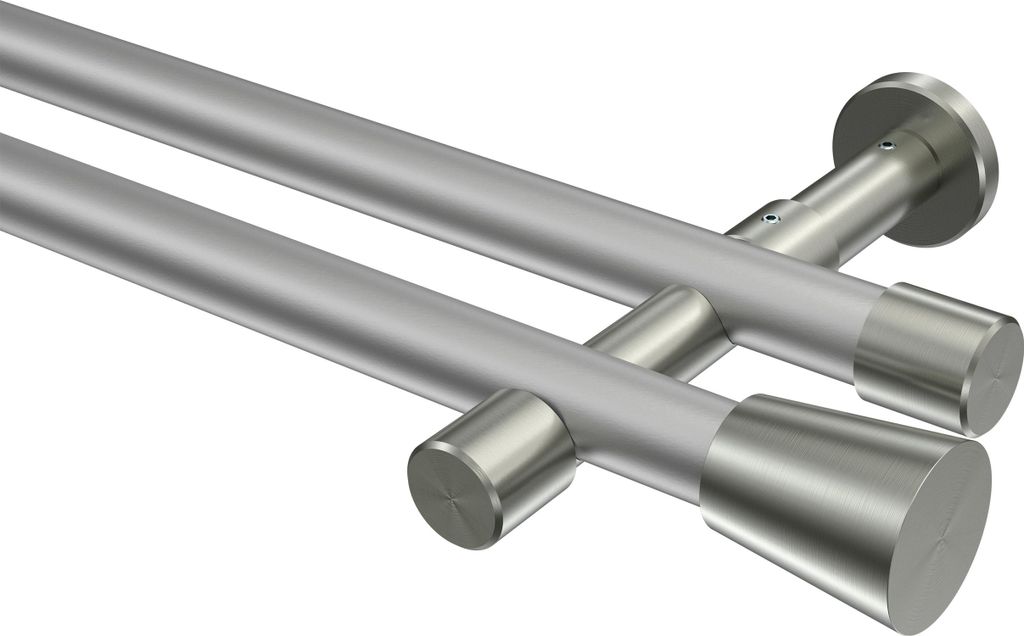 Interdeco Gardinenstange / Vorhangstange Silbergrau / Edelstahl-Optik, Typ Prestige Sitra (Konus) ohne Ringe, 20 mm Ø 2-läufig, 180 cm