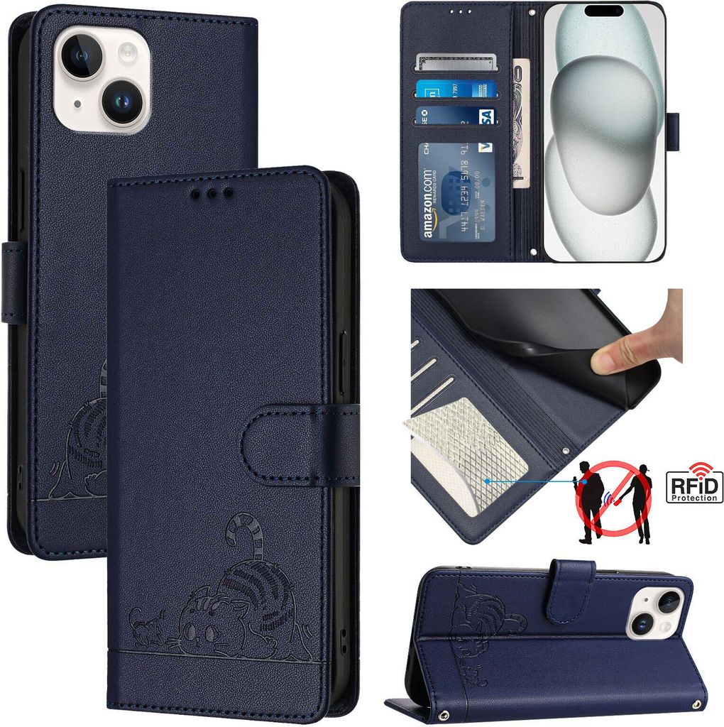 Leder Hülle für iPhone 15 Süße Katze Flip Case Brieftasche Produktbild 