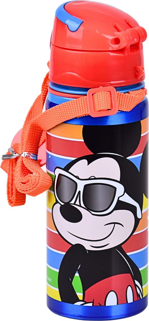 Mickey Mouse Alu-Trinkflasche 600 ml -Disney Flasche mit Klappdeckel & Tragegurt