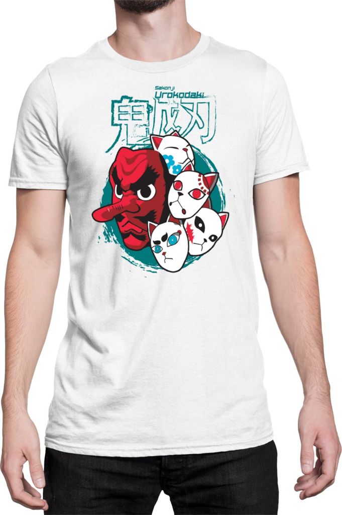 Herren T-Shirt Demon Anime Slayer Kimetsu No Yaiba Mask 002, Man 3XL / Weiß