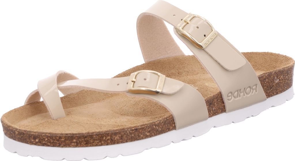 Rohde Damen Zehentrenner Pantolette Lack Schnalle Kork Fußbett Alba 5575, Größe:41 EU, Farbe:Beige