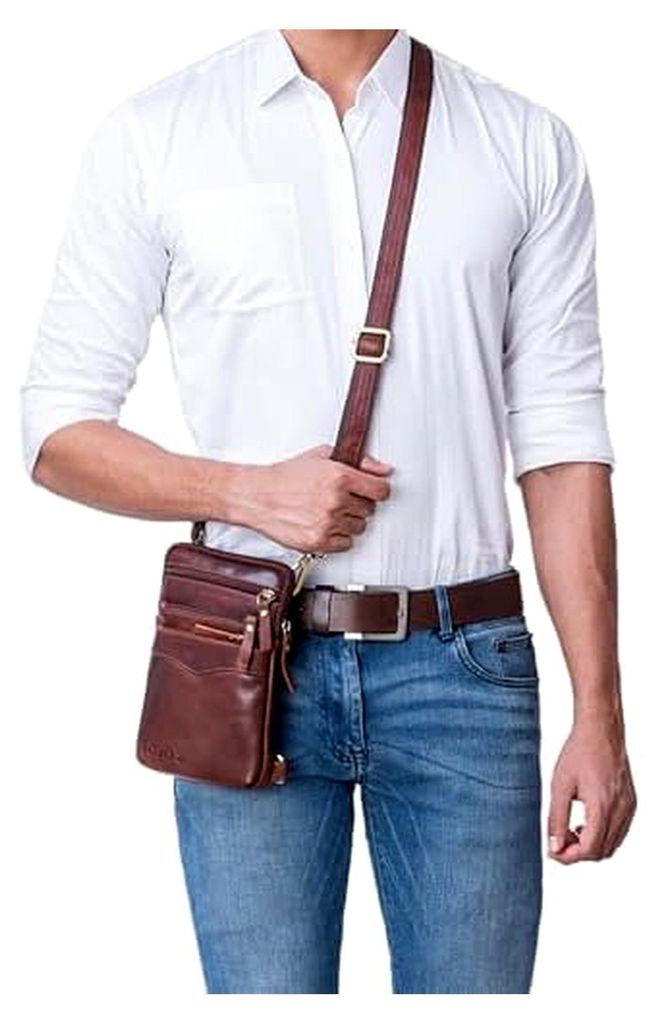 Aria Brusttasche aus Leder klein multifunktional für Damen und Herren Gürteltasche Vintage Umhängetasche 8 Zoll Farbe: schwarz