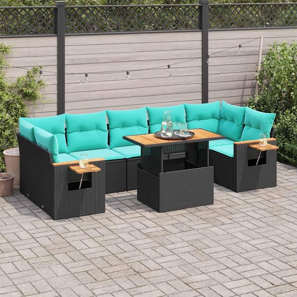 "Neues Produkt" 8-tlg. Garten-Sofagarnitur - CLORIS - Terrassen-Sofa - mit Kissen - Schwarz Poly Rattan - Sitzgruppe V68