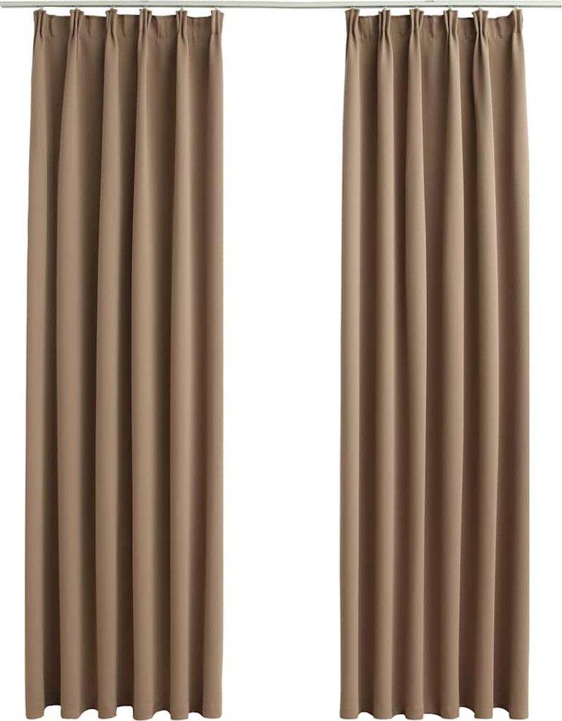 Two taupe curtains hanging from a rod against a white background.