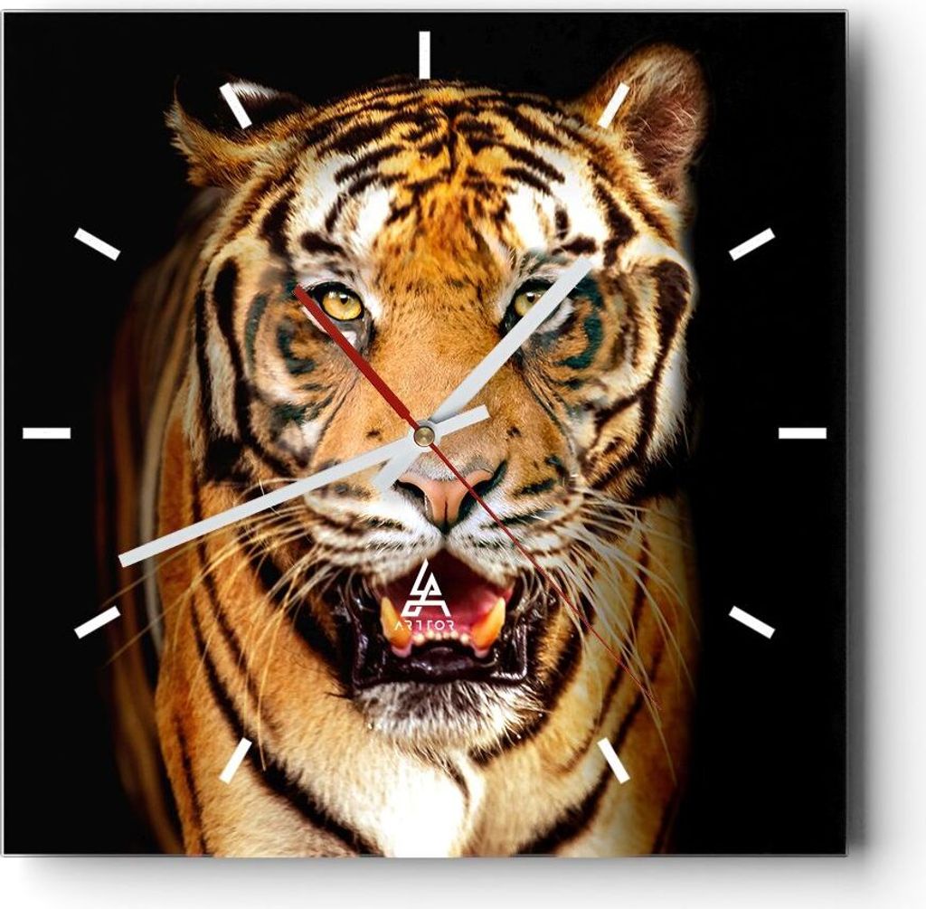 Wanduhr - Quadrat - Glasuhr - tiger tier - 40x40cm - Schleichendes Uhrwerk - Lautlos - zum Aufhängen bereit - Dekoration Modern - Wanddekoration a...