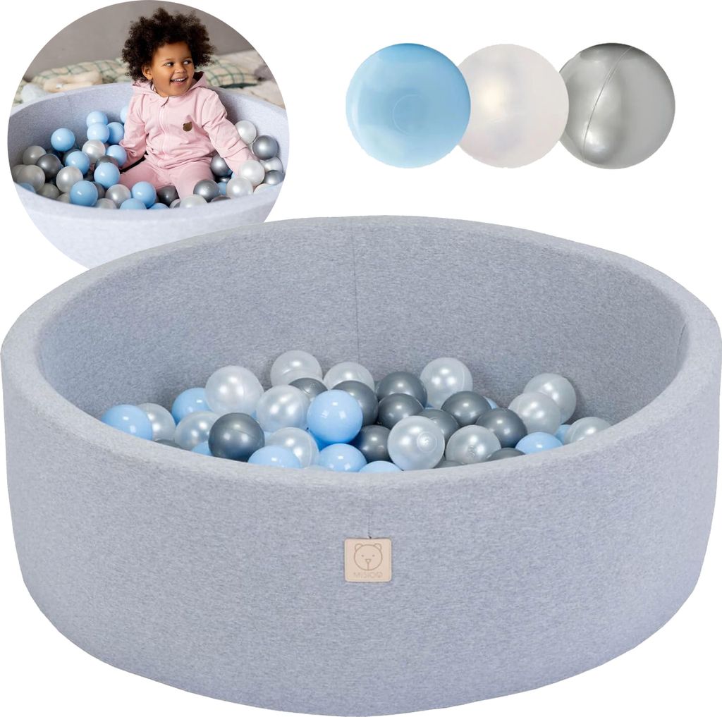 MISIOO Smart Bällebad 90x30 cm - Bällebader Kinder für Baby Zimmer - Bälle für Bällebad - Baby Spielzeug - Hellgrau: Hellblau/Perlen/Silber