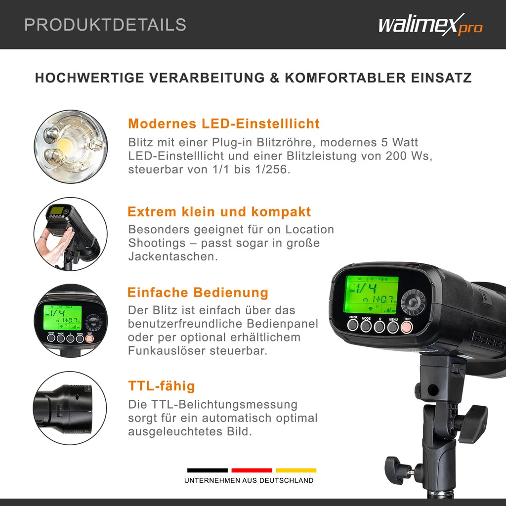 Éclairage extérieur professionnel Flash Walimex pro Mover 200 TTL 200Ws