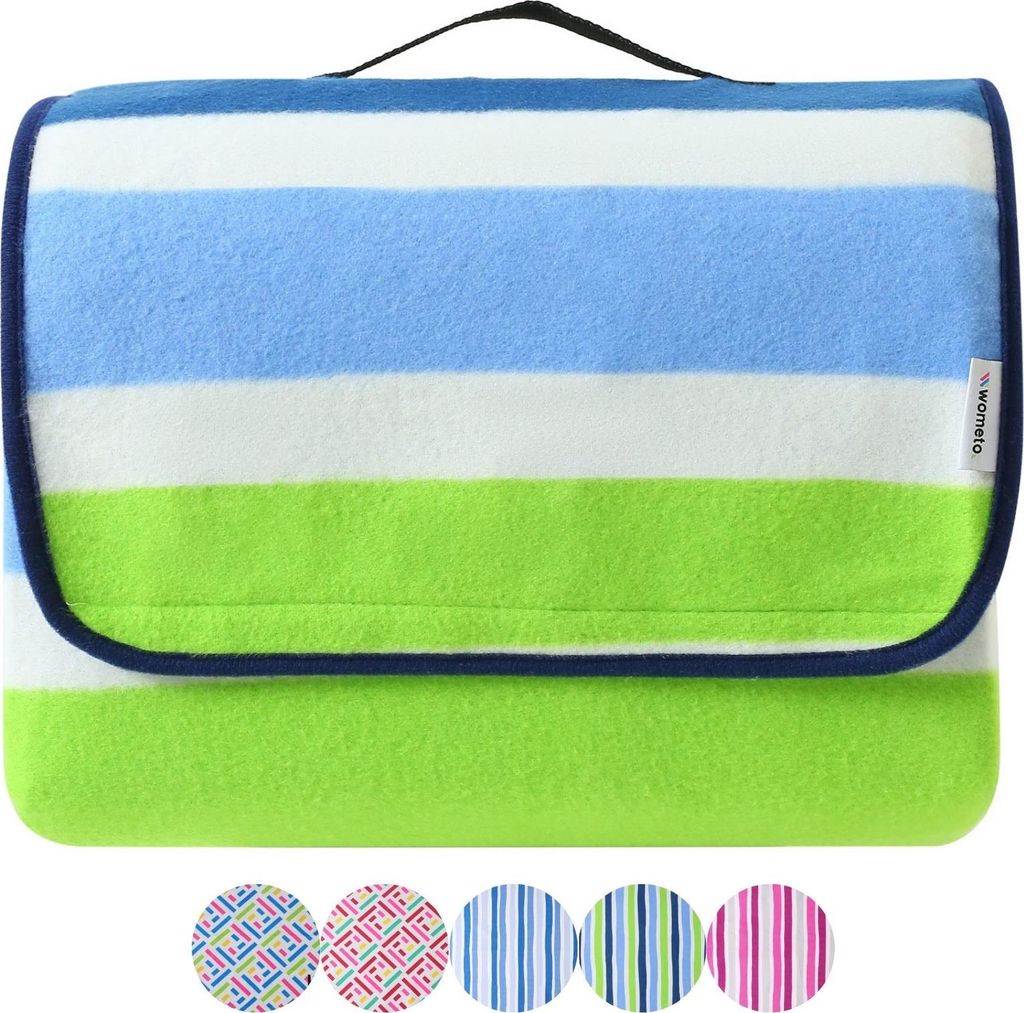wometo eco-line Picknickdecke 100% recyceltes Fleece gesteppte Campingdecke XXL 200x200 Streifen blau hellblau grün isoliert wasserdicht waschbar