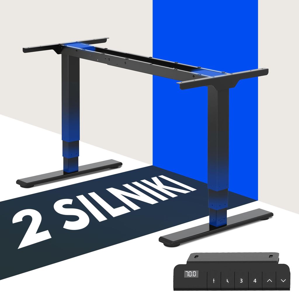 A black adjustable desk frame with blue accents, displayed on a blue and white background with text overlay.