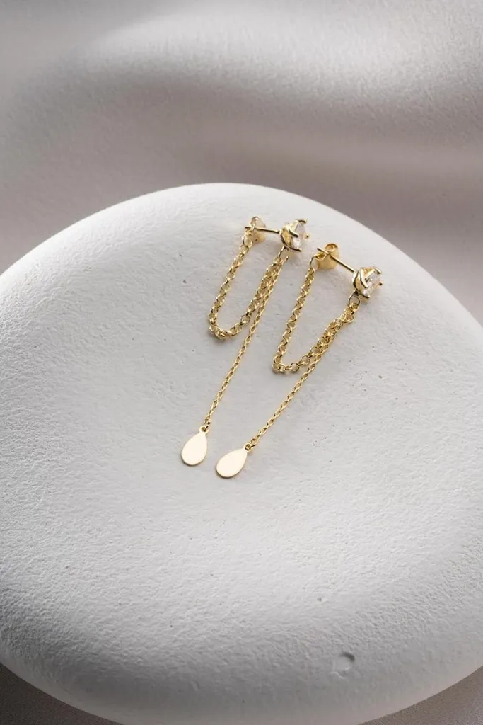 Boucles d'oreilles pendantes en argent 925 avec chaîne dorée et goutte