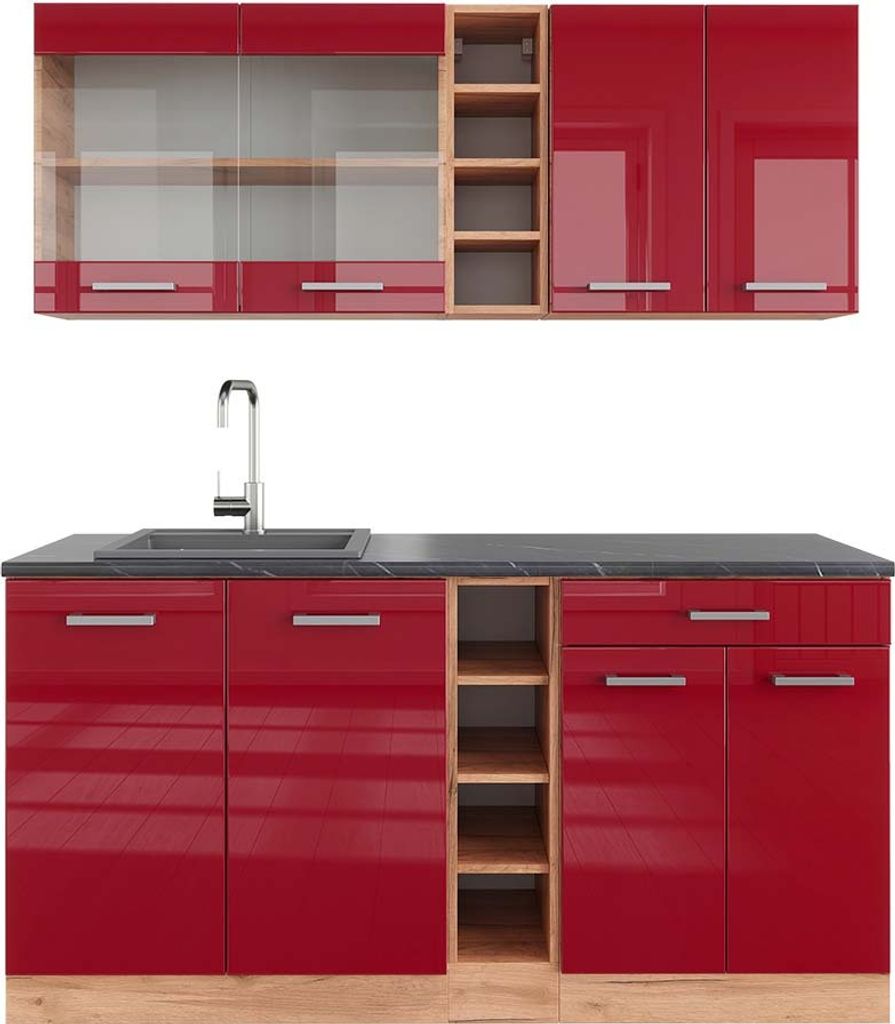 Singleküche Vicco R-Line Rot Hochglanz/Goldkraft Eiche 160 cm , AP Anthrazit, Model 43049