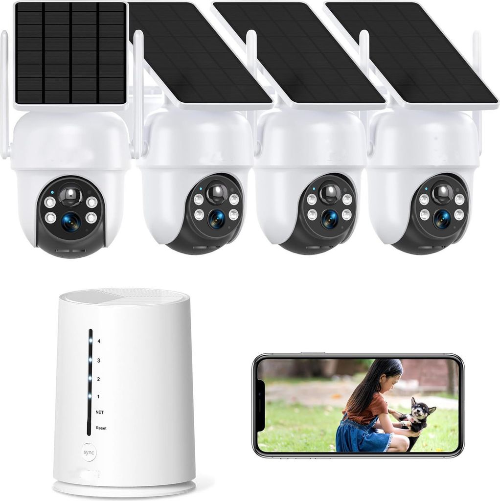 ieGeek 4MP FHD Überwachungskamera Set Aussen Akku mit Solarpanel, 4CH Basisstation mit 4X kabellosen Dome Kameras, 360° PTZ, Farbige Nachtsicht