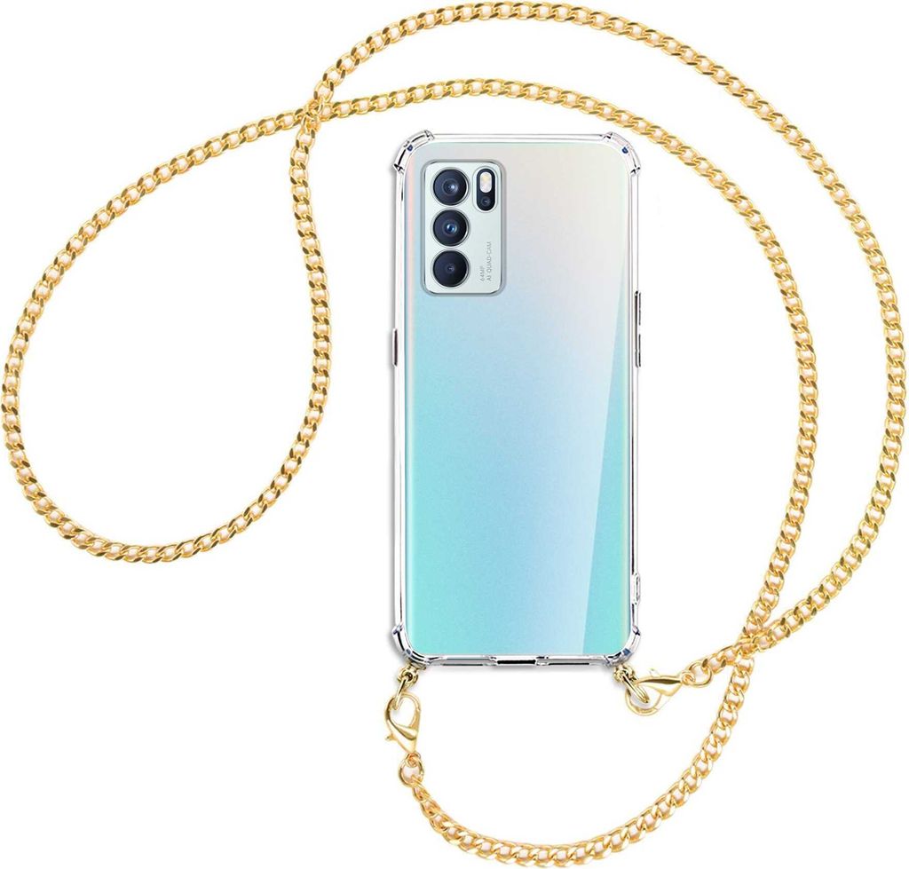 Handykette Backcover-Schutzhülle mit Band (Metall goldfarben) für Oppo Reno6 Pro Plus 5G (PENM00) - goldfarbene Kette