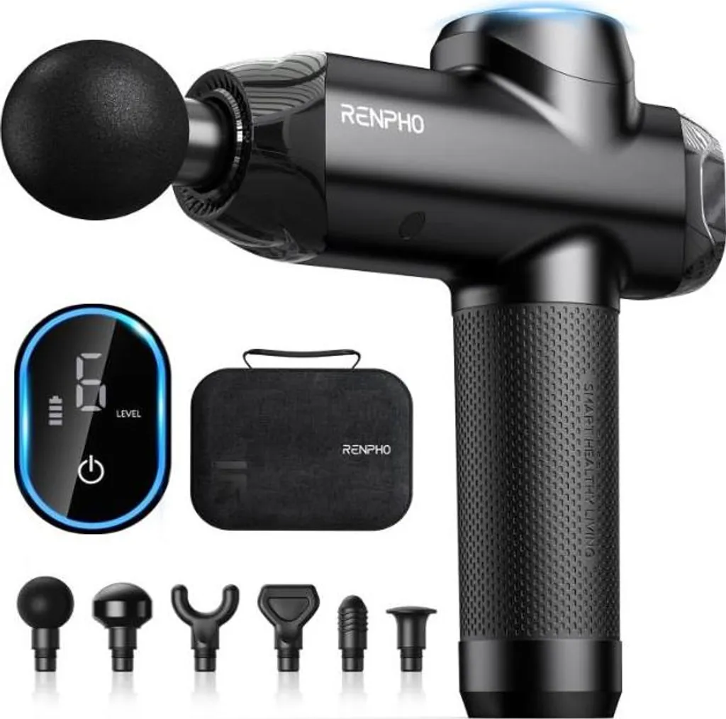 Pistola massaggiante Renpho Power, massaggio a percussione, massaggio a percussione, universale, nero, tattile, 1,2 cm, 6 teste/heads