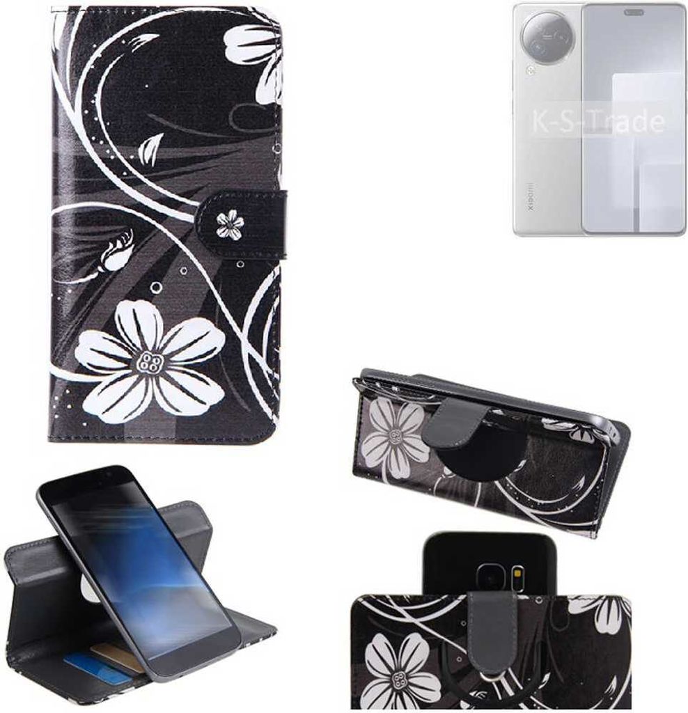 K-S-Trade Schutzhülle Handyhülle kompatibel mit Xiaomi Civi 3 Hülle 360° Wallet Case “Flowers“ Klapphülle Hülle schwarz-weiß 1x