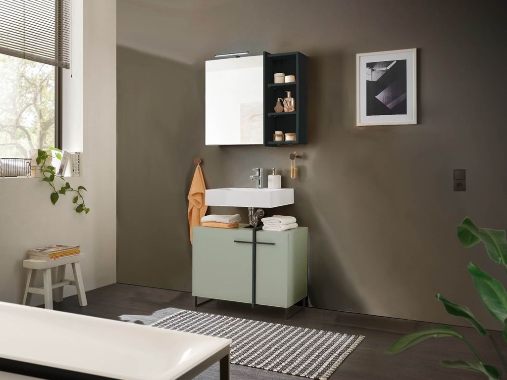 Badezimmer Badmöbel MESSINA Korpus Schilfgrün, Spiegelschrank, Wbu, Set 4