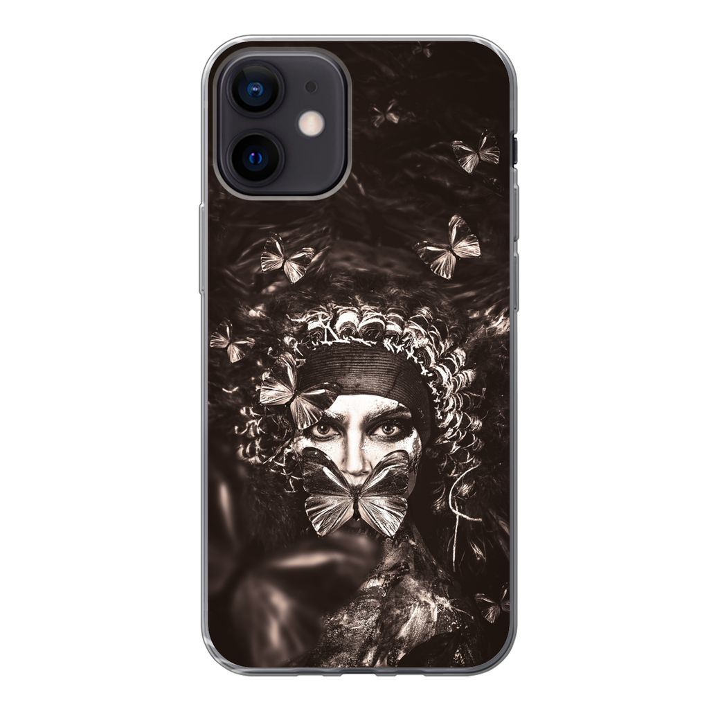 MuchoWow Handyhülle Schutzhülle Hülle für iPhone 12 Frau - Schmetterling - Schwarz - Weiß Silikon Softcase Handy Hülle - Schutzhülle