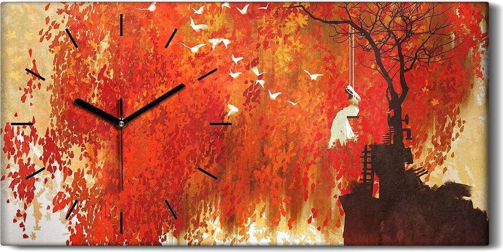 Dekor Leinwand Uhr Wandbilder Quarz 60x30 Frau auf einer Schaukel Herbstbaum - schwarze Hände